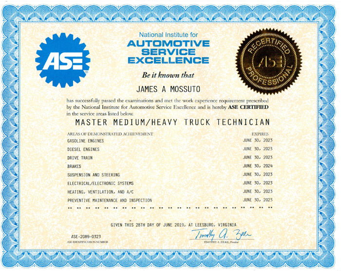 ASE Master Medium/Heavy Truck Technician Certification